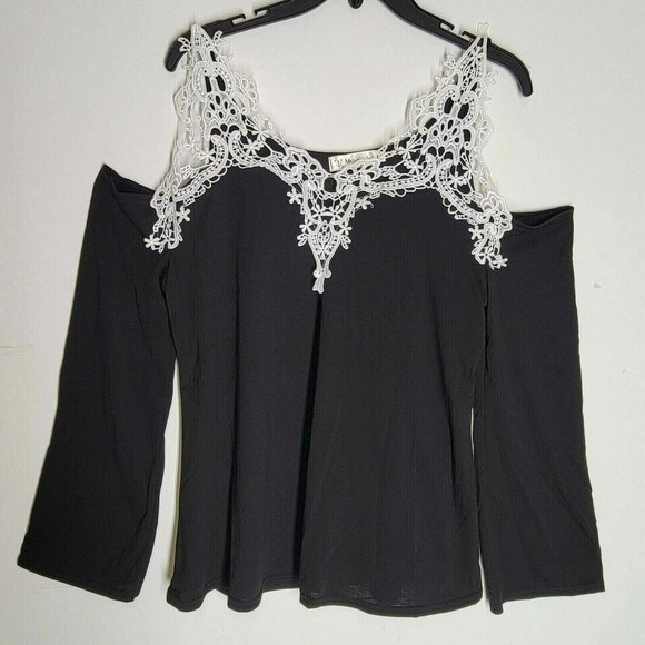 Meiya Aulaye Womens Blouse Black Long Sleeve Scoop Neck Cold Shoulder Lace XL - Picture 1 of 5